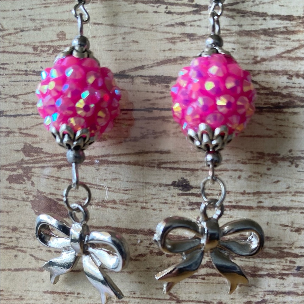 Pink Beaded Earrings with Silver Bows
